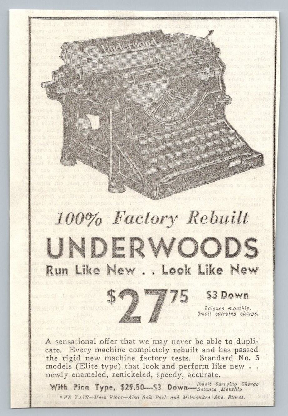 1933 Underwood Typewriter Advertisement Vintage Print Ad The Fair Chicago Rates